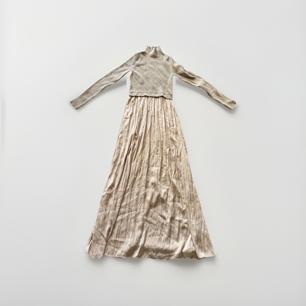 Anthropologie Thea maxi dress beige XS Ribbed Knit Satin Long Sleeve Twofer